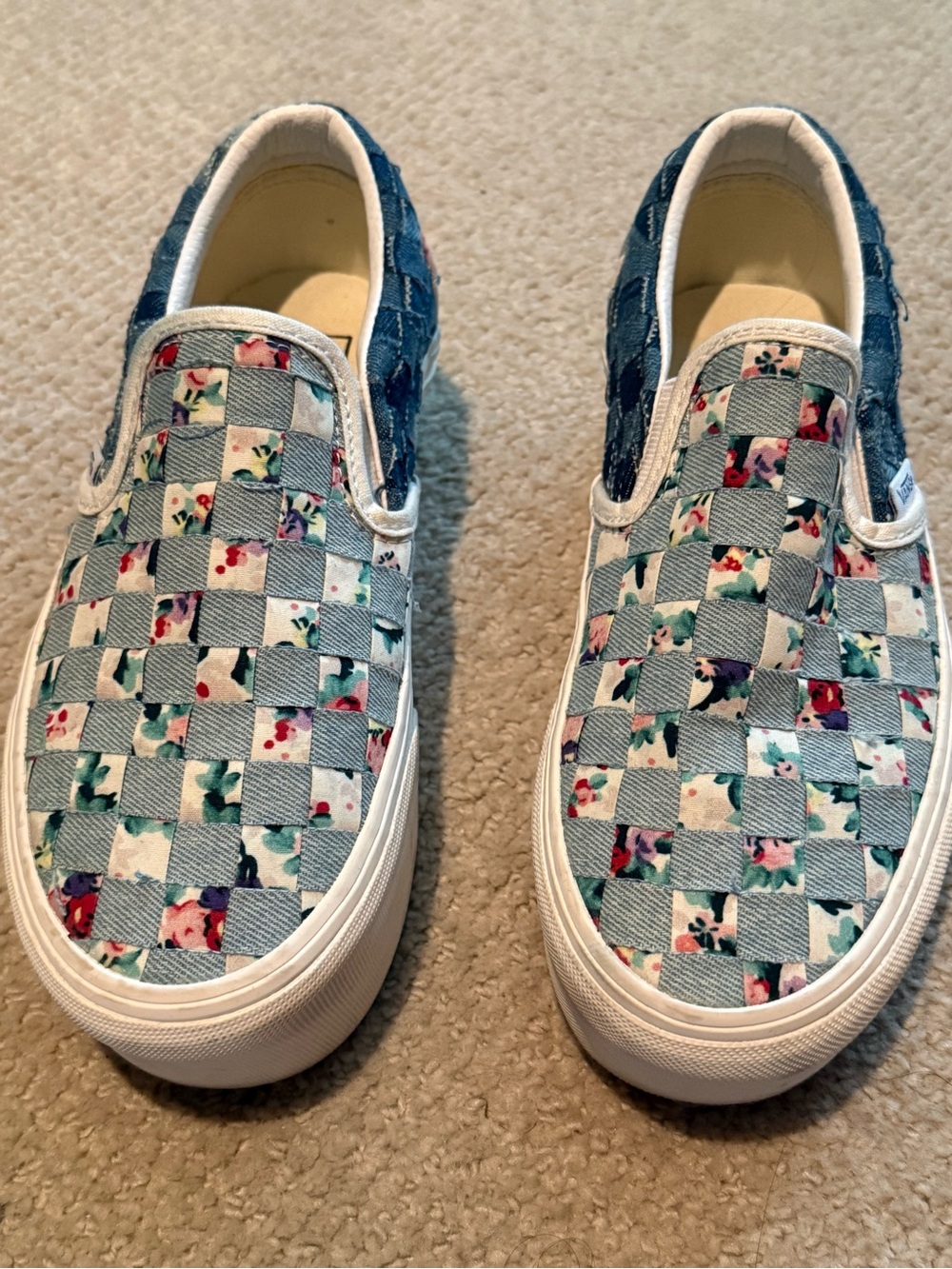 Vans Woven Classic Slip On Stackform Platform Denim Floral Checkerboard 5